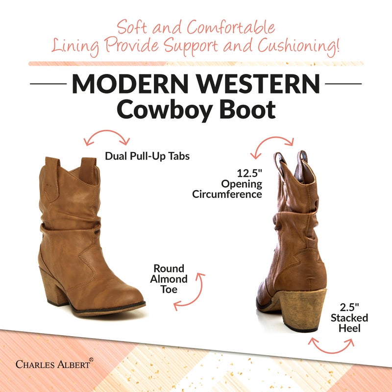 Charles Albert Modern Western Cowboy Boots for Women Ladies Stacked Heel Ankle Cowgirl Boots with Pull-Up Tabs in Tan Size 11 - Image 5